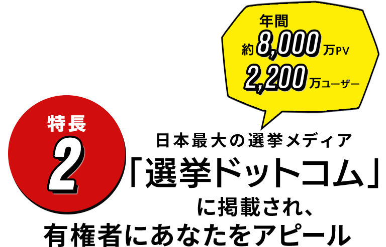 日本最大の選挙メディア「選挙ドットコム」に掲載され、有権者にあなたをアピール年間約8,000万PV、2,200万ユーザー